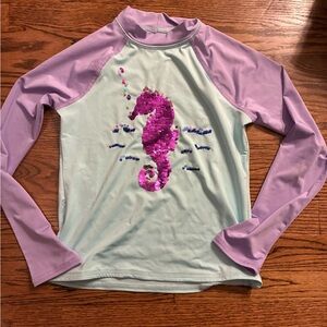 Lands End Seahorse Sequin Swim Sun Long Sleeve Shirt Large 10-12